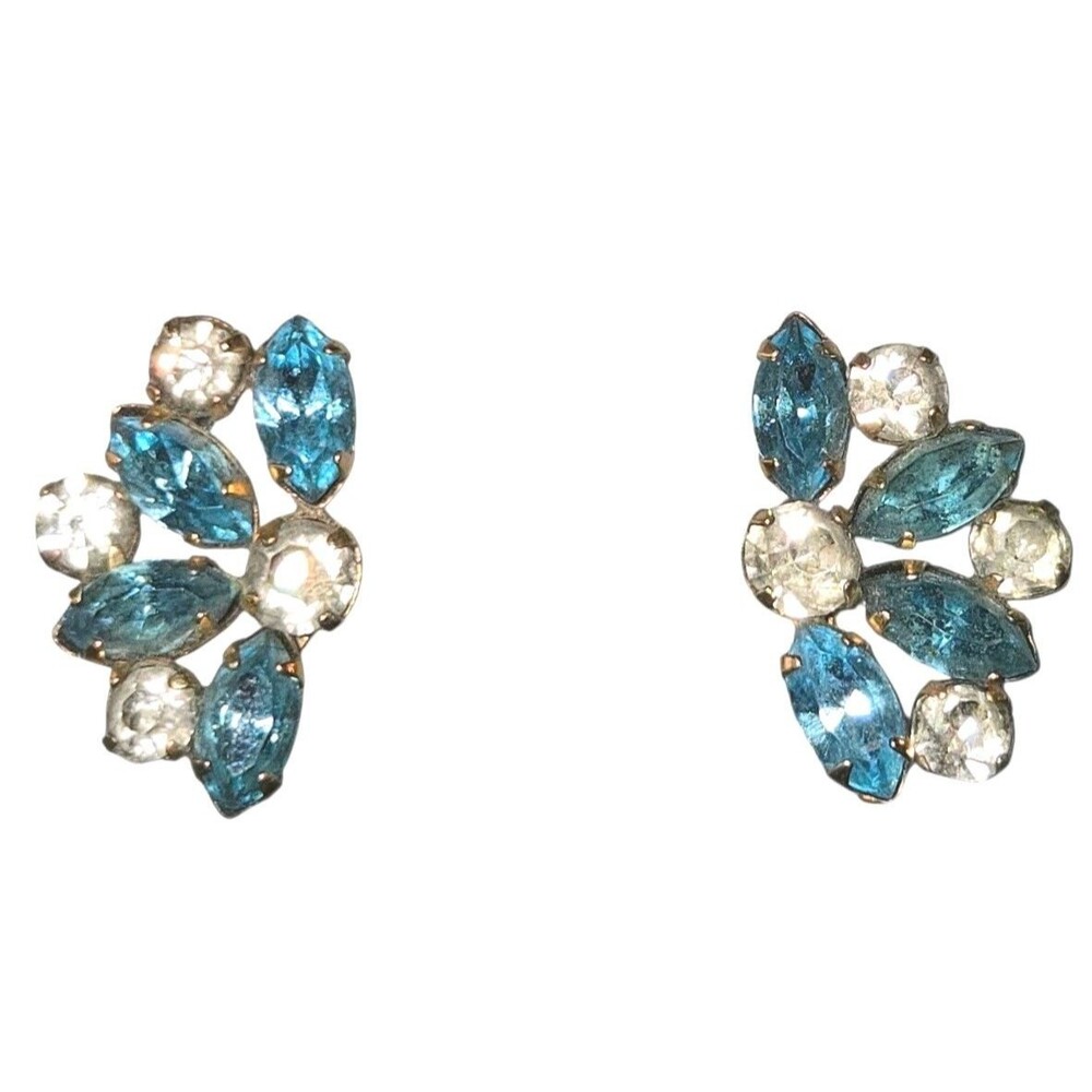 Star Art VTG 1/20-12KT‎ Gold Filled Blue & Clear Rhinestone Screw Back Earrings